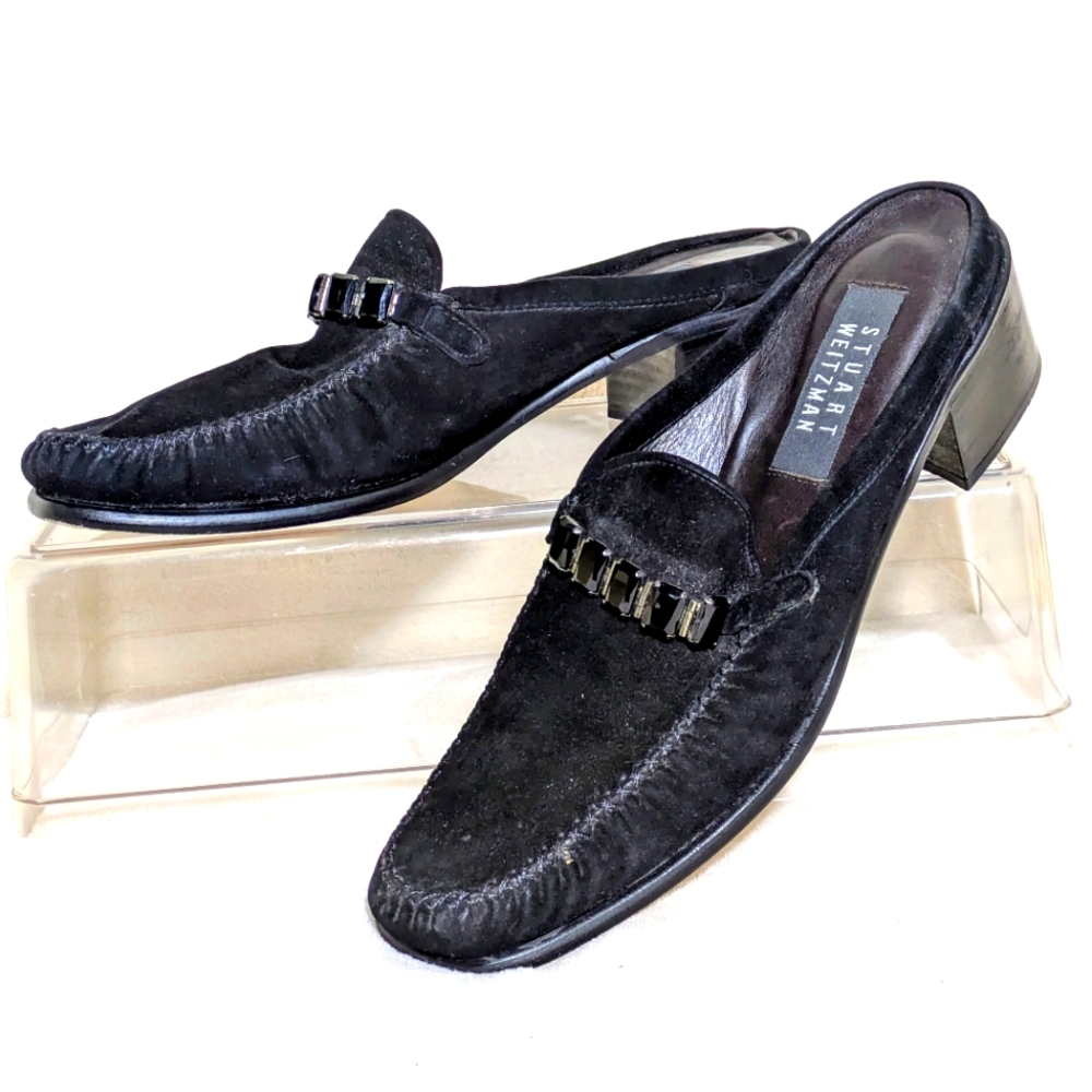 Stuart Weitzman Black Velvet‎ Jeweled Mules/Clogs, Square Toe ,Sz 9.5 Narrow